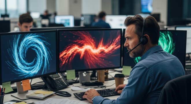 Customer Support Operator Working at Multi Monitor Office Desk