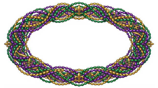 Colorful Mardi Gras beads frame with intricate designs isolated on transparent background transparent background