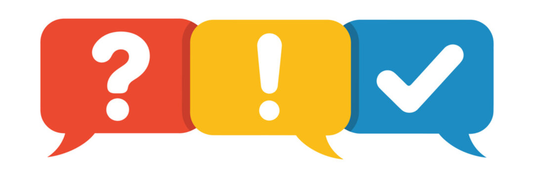 Speech Bubble Icon Set, red question mark, yellow exclamation mark and blue checkmark symbols, vector illustration for communication