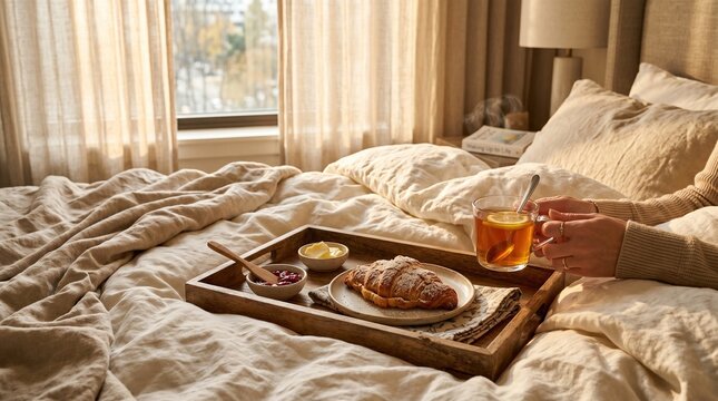 Woman enjoying breakfast in bed with tea, croissant, and jam, cozy morning light streaming through curtains, perfect start to relaxed day.