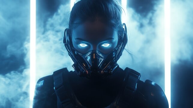 Woman with glowing eyes and futuristic mask digital art