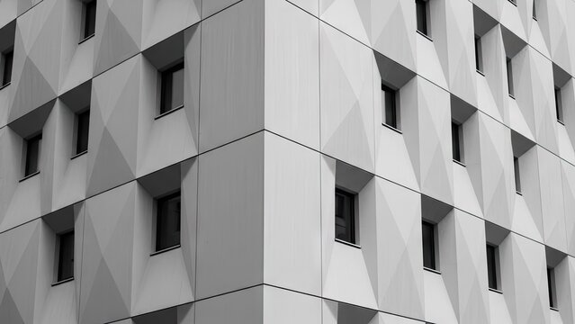Modern geometric building facade in black and white architectural detail