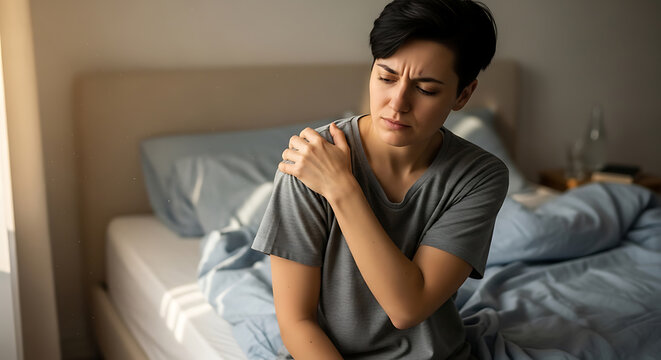 Woman suffering from shoulder pain in bed.