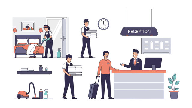 Hotel Services Vignette: A collection of illustrations depicts various hotel services, including room cleaning, baggage handling, and reception check-in.
