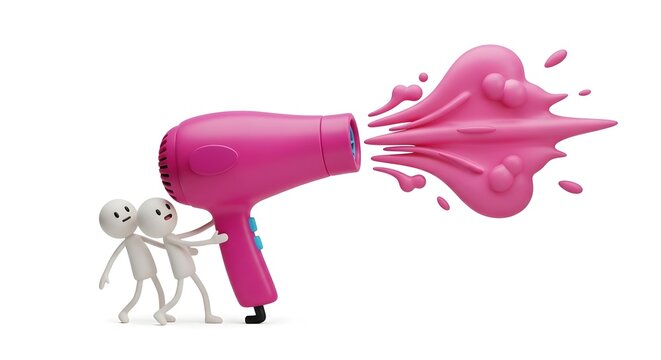 Tiny figures holding a powerful pink hair dryer blowing air