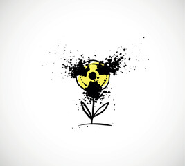 Hand-drawn radioactive flower with nuclear symbol and black liquid splash as blossom on simple stem.  © elinacious
