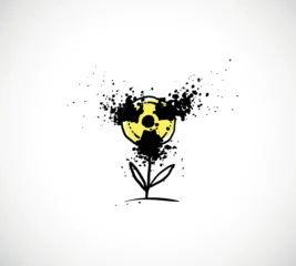 Hand-drawn radioactive flower with nuclear symbol and black liquid splash as blossom on simple stem.  © elinacious