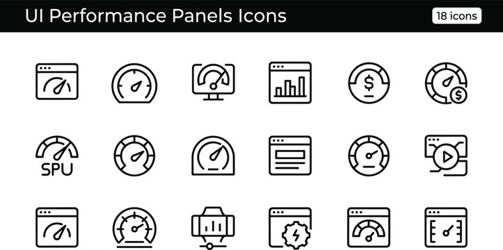 UI Performance Panels Icon Set With Outline Speed Gauge Dashboard Metrics And System Monitoring Symbols For Web Apps