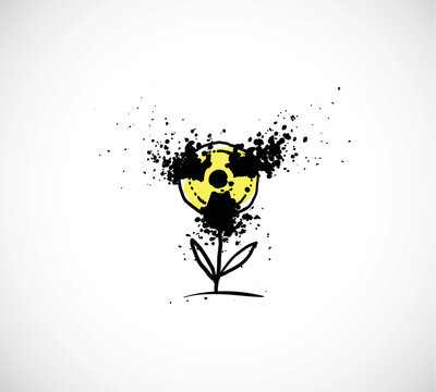 Hand-drawn radioactive flower with nuclear symbol and black liquid splash as blossom on simple stem. 