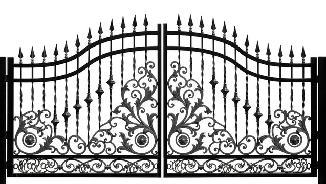 Ornate wrought iron double gate with decorative scrollwork and finials
