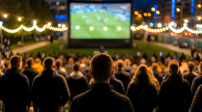 Crowd of people watching a football match on a large outdoor screen at night