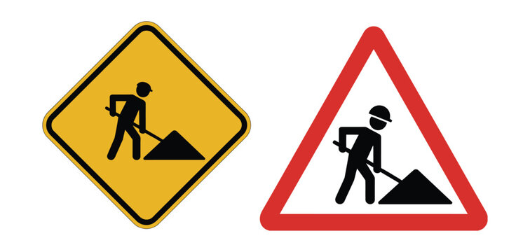 Road Work Ahead Warning Sign, construction and maintenance alert symbols vector illustration