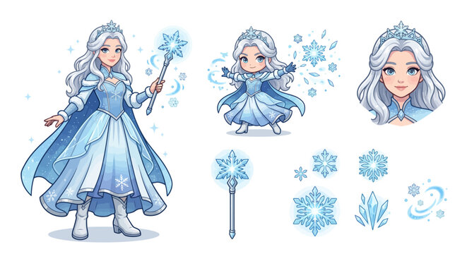Anime Female Mage Character Concept Art and RPG Game Skill Icons