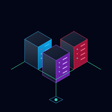 Isometric 3D server rack illustration representing artificial intelligence data center and cloud computing network infrastructure.