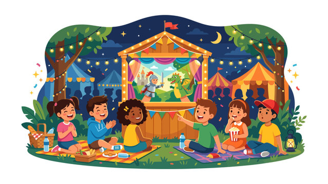 Children's Puppet Show Enchantment: Youngsters gather on picnic blankets, captivated by a whimsical puppet show on an outdoor stage, under a starry night sky illuminated by festive lights.