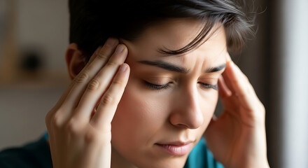Fototapeta premium Young Woman Suffering from Severe Headache and Migraine, Experiencing Pain and Discomfort.