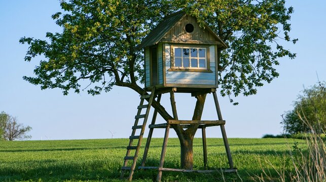 Small wooden treehouse built on a tree in a lush green meadow under a clear blue sky. Summer vacation getaway cabin for rest and relaxation in nature. Rustic retreat building concept.