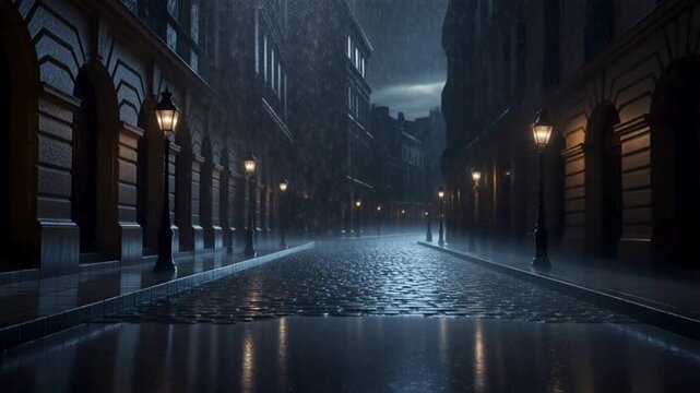 The wet cobblestone path glistened in the night, illuminated by the dim light of street lamps reflecting gently on its surface. Heavy rain obscures details in the distance.