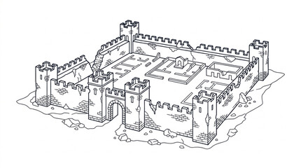 Medieval Castle Fortress Illustration with Towers and Walls. © Mutmainah