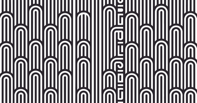 Seamless Twisted Line Pattern, vector linear tiling background with striped weaving, optical maze and twisted stripes in black and white abstract design.