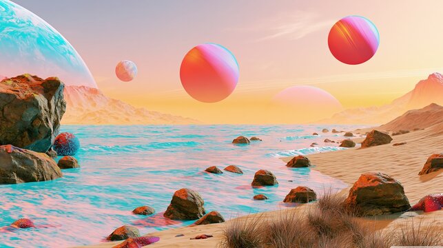 Alien planet beach with floating spheres, turquoise water and rocky coast. Dreamy extraterrestrial landscape for space travel and summer vacation concept in surreal outer galaxy.