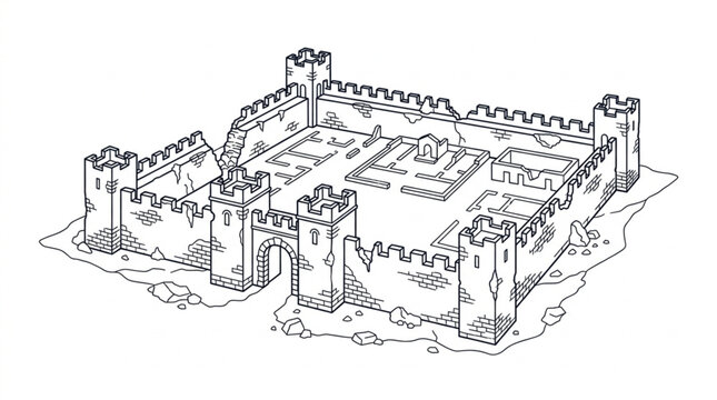 Medieval Castle Fortress Illustration with Towers and Walls.