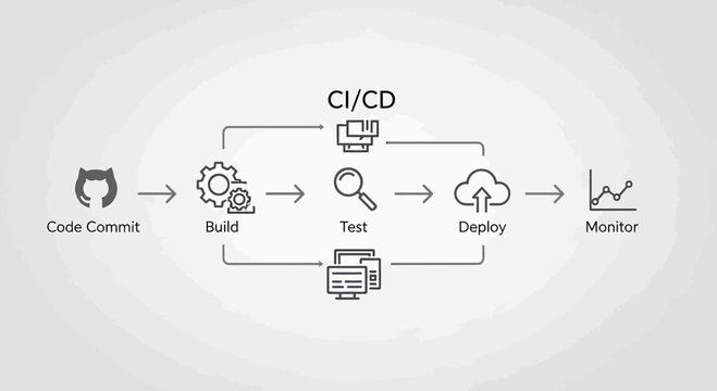 CI/CD Pipeline: Code Commit, Build, Test, Deploy, Monitor Workflow Diagram