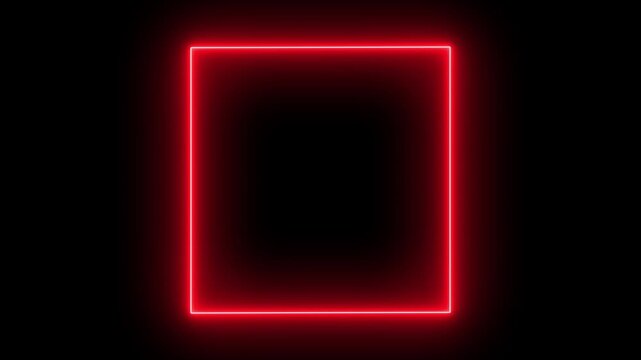 flickering red neon square frame animation on dark background in 4k. futuristic neon light border with red glowing rectangular frame effect. abstract red neon square overlay animation.