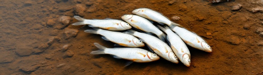 Obraz premium Food security crisis fish catch on muddy riverbank after harvest for survival concept, fresh silver fish on wet soil in nature background