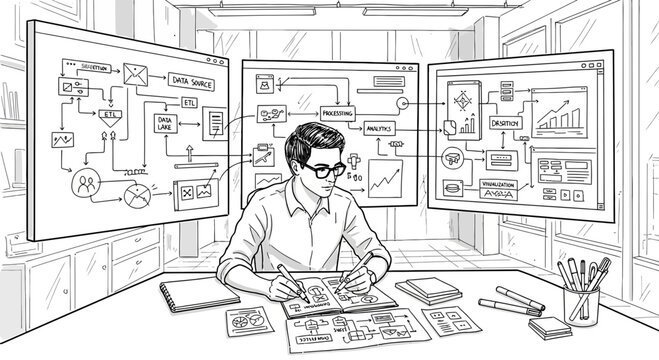 Business process diagram illustration, analyzing data, planning strategy, workflow optimization