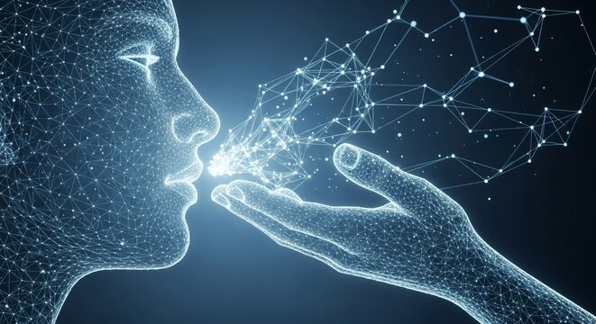 AI concept: Human face silhouette receiving data network from open hand