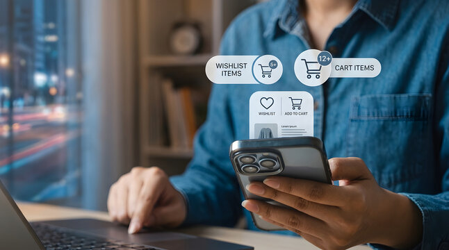 Person Using Laptop and Smartphone with Shopping Icons &ndash; E‑commerce, Online, Shopping, Digital, Cart, Checkout, Retail, Technology, Consumer
