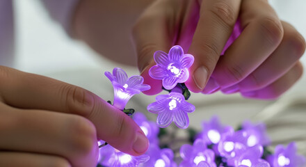 Fototapeta premium Hands arranging purple flower-shaped string lights indoors 