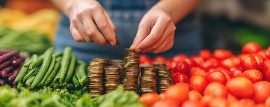 Food security crisis concept hands stacking coin over fresh vegetable at market with tomato bean and greens showing inflation and budget planning