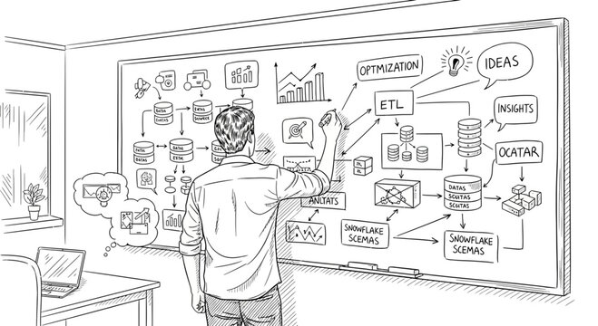 Business strategy sketch on whiteboard: ETL, optimization, ideas, insights