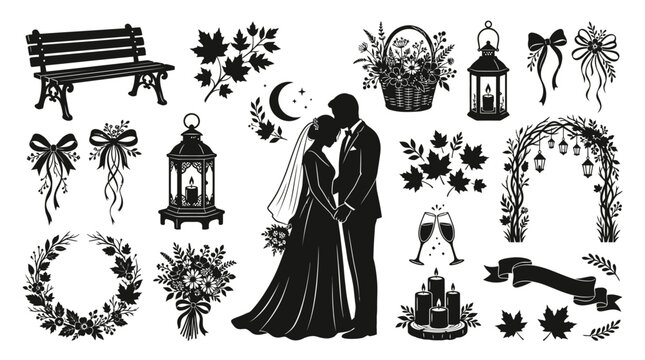 Wedding and Romance Celebration Silhouette Set with Bride, Groom, Floral Elements, Arch, Lanterns, Bows