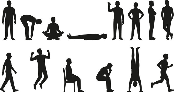 Human Body Silhouette Collection with Standing, Sitting, Walking, Running and Yoga Poses Isolated on Light Background