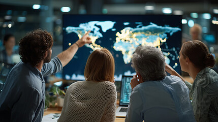 Obraz premium Global business team collaborating on international strategy in a modern office 