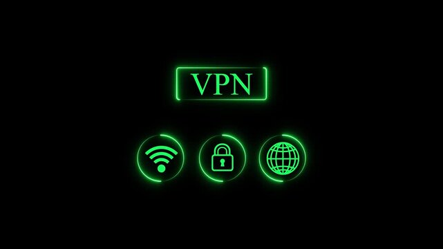 Green neon vpn icon set with wi fi, lock, and globe symbols internet security network wireless privacy internet security network wireless privacy