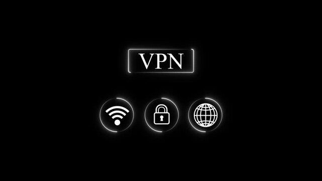 Vpn icon set with wi fi, lock, and globe symbols on black background internet security network wireless privacy internet security network wireless privacy