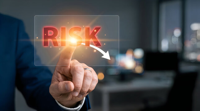 Businessman touching a virtual screen with the word risk and a downward arrow, symbolizing risk management and mitigation strategies in a corporate environment