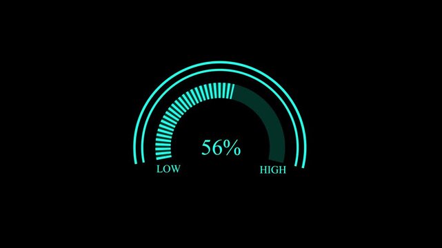 Blue neon speed gauge or dial showing 56% progress speedometer percentage low high indicator speedometer percentage low high indicator