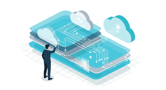 Businessman interacting with cloud computing data layers and digital network