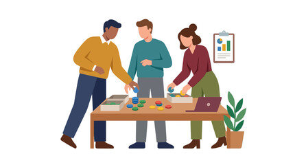 Fototapeta premium Diverse team collaborating in a futuristic digital workspace, flat vector illustration of teamwork.