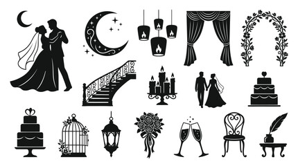Obraz premium Black White Wedding Icons: Bride, Groom, Cake, Arch, Staircase, Romance Vector Art