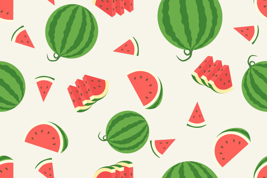 Seamless watermelon pattern with fresh summer fruit slices and whole melons for textile wallpaper wrapping paper fabric print and surface design.