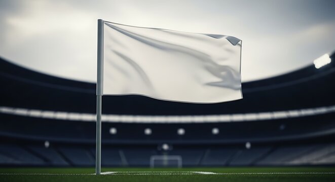 A cinematic shot of a blank white flag waving in a large empty professional soccer stadium