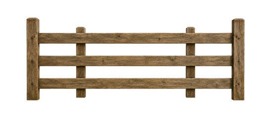 Rustic wooden farm fence isolated on white background, countryside barrier made from aged timber planks, rural ranch boundary element with natural wood texture and vintage outdoor style. © MJ iceberg