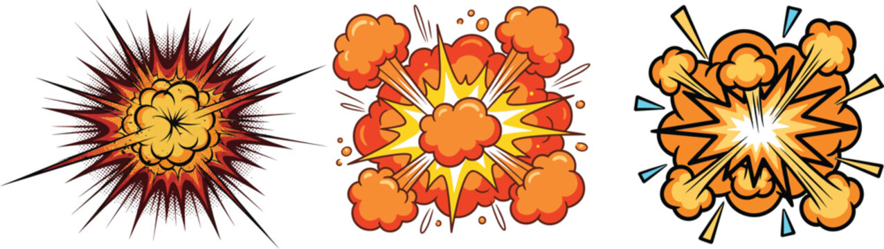 Comic book explosion, colorful smoke blast, and fire burst icon set