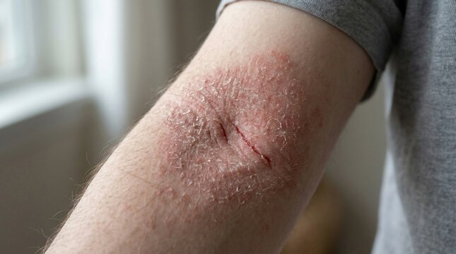 Close up of a persons arm showing a severe case of eczema on the elbow.